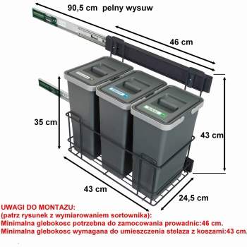 Sortownik śmieci SLIM ANTRACYT Cichy domyk do szafki od 30cm 3x8 litrów 25 cm szerokość