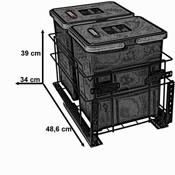 Sortownik śmieci SQUARE ANTRACYT do szafki 40 cm Cichy domyk 2x18 z mocowaniem frontu meblowego