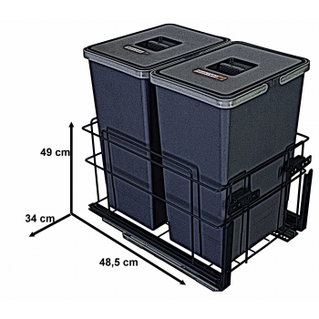 Sortownik śmieci SQUARE ANTRACYT do szafki 40 cm Cichy domyk 2x24 z mocowaniem frontu meblowego