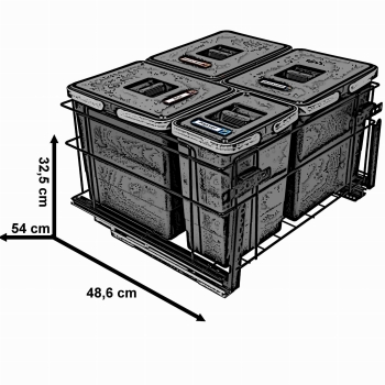 Sortownik śmieci SQUARE ANTRACYT do szafki 60 cm Cichy domyk 3x15 1x7 z mocowaniem frontu meblowego