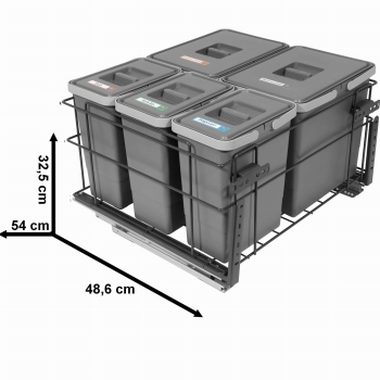 Sortownik śmieci SQUARE ANTRACYT do szafki 60 cm Cichy domyk 2x15 3x7 z mocowaniem frontu meblowego
